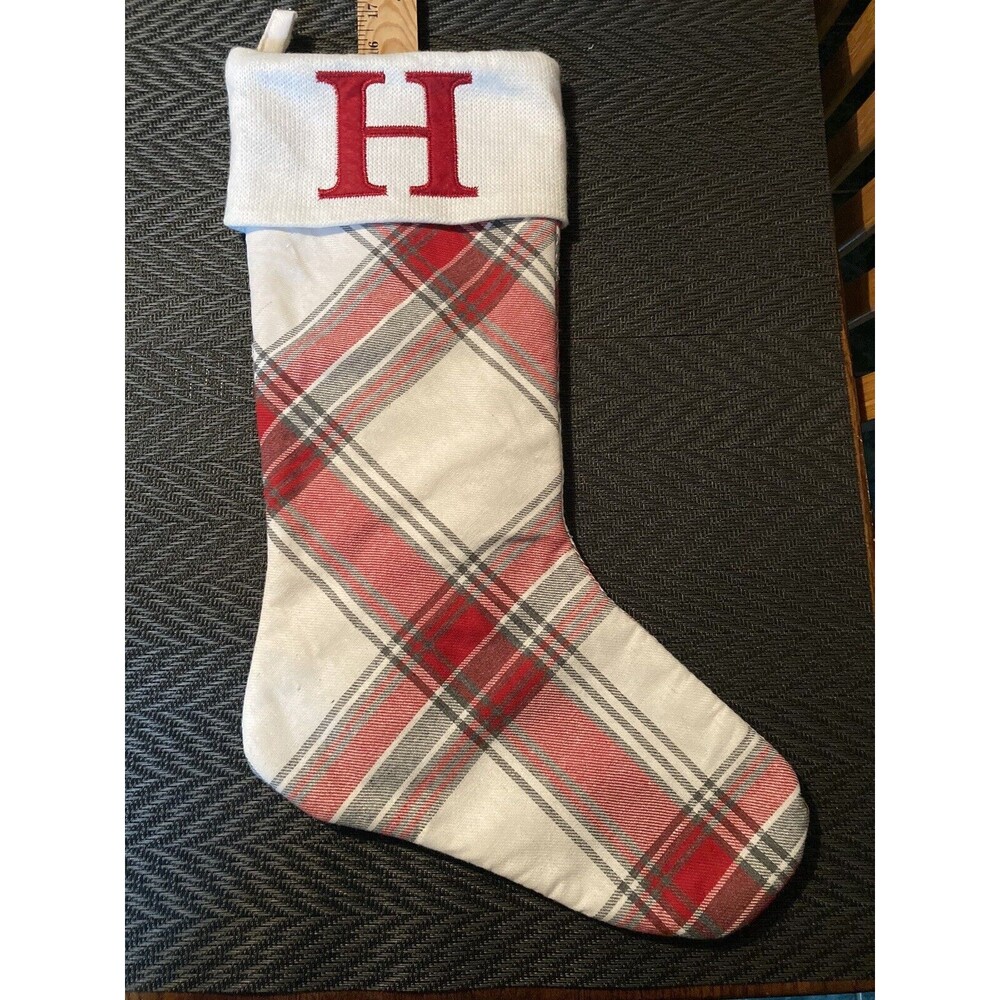 Red White Cuff Plaid Christmas Stocking Monogram "H"